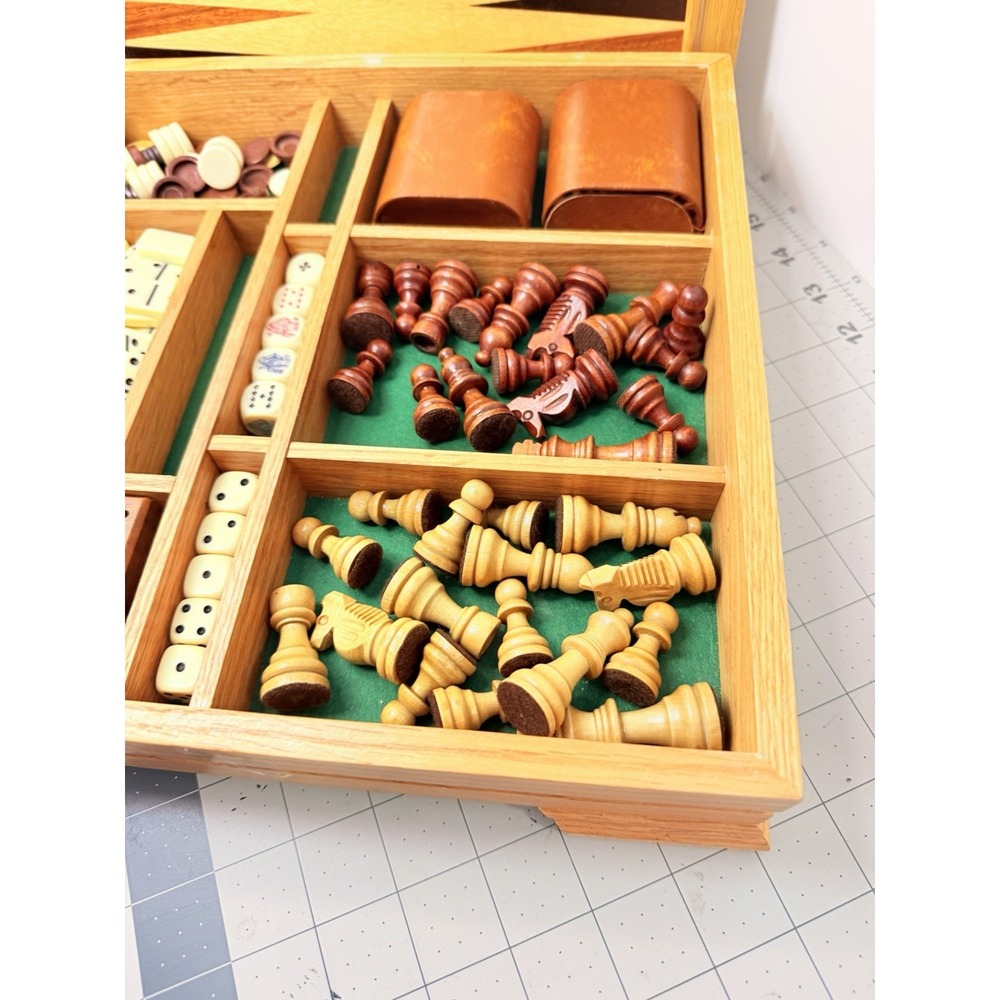Vintage Wooden 5-in-1 Combo Game Set Chess Backgammon Cribbage Dominoes Checkers - Picture 12 of 12